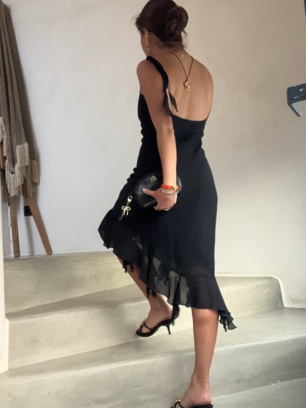 Vintage Black Asymmetrical Ruffle Slip Dress